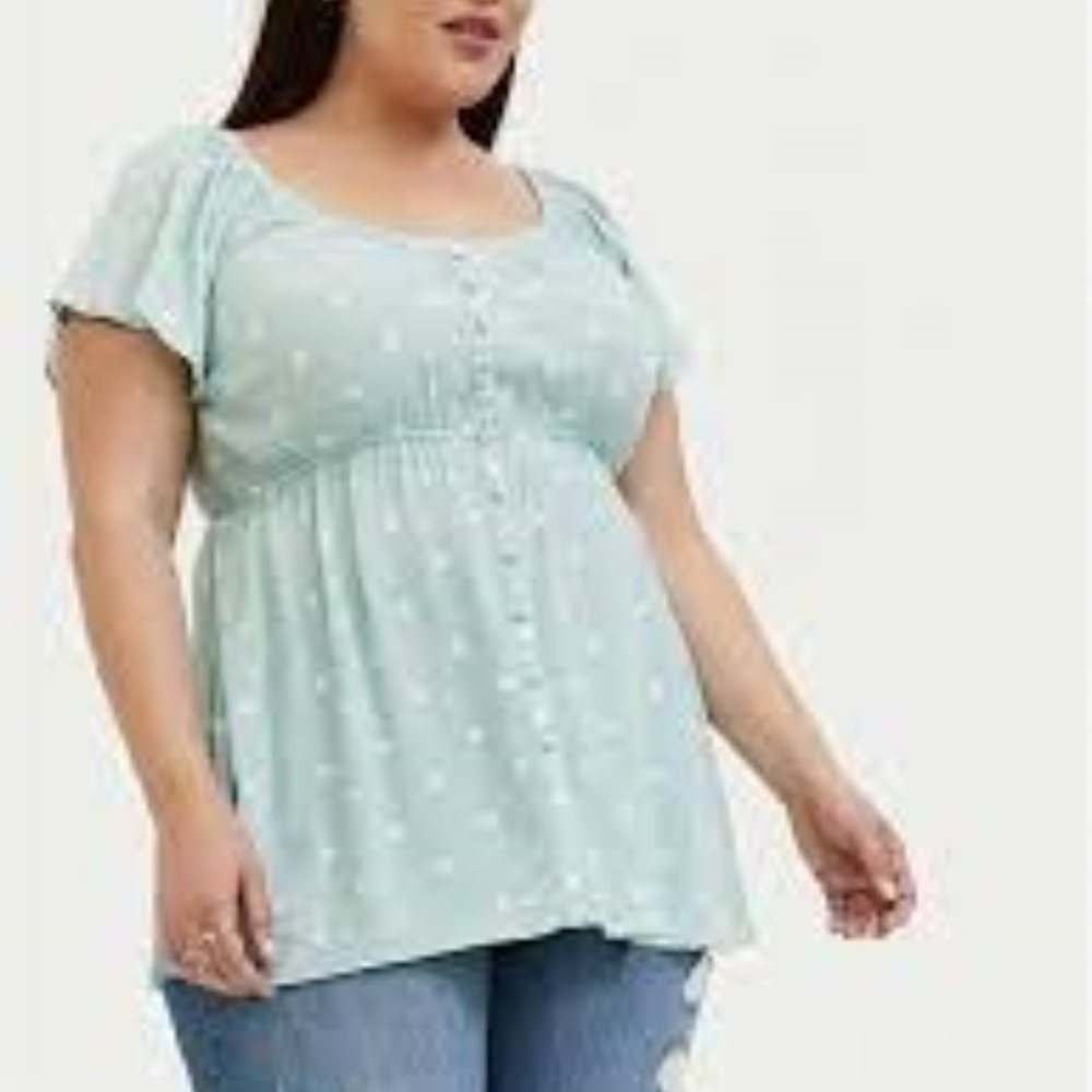MINT BLUE POLKA DOT CREPE BUTTON BABYDOLL TOP